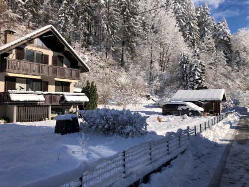a house covered in snow next to a fence at SavaDolinka House in Mojstrana
