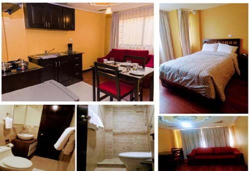 a collage of four pictures of a hotel room at Casa de Huéspedes Tu Parada en Cuenca in Cuenca