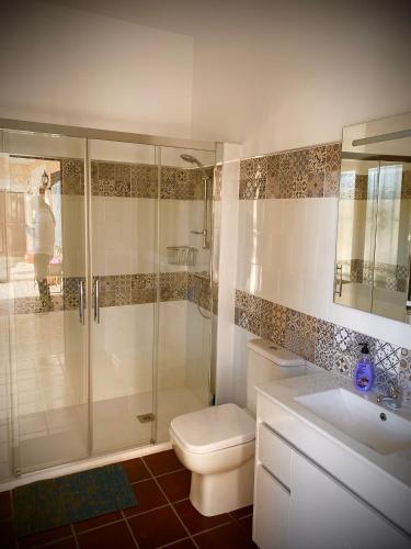 a bathroom with a shower and a toilet and a sink at VILLA ZAMORA in Baena