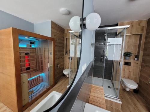 uma casa de banho com uma cabina de duche em vidro e um WC. em Apartmán Spa Šumava em Zdíkov