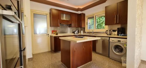 a kitchen with wooden cabinets and a washer and dryer at Villa del Mar in Mazotos