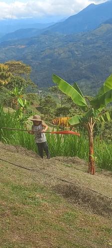 a man walking on a hill with a hat on at Ecohotel Soplo del Tambo in Cocorná