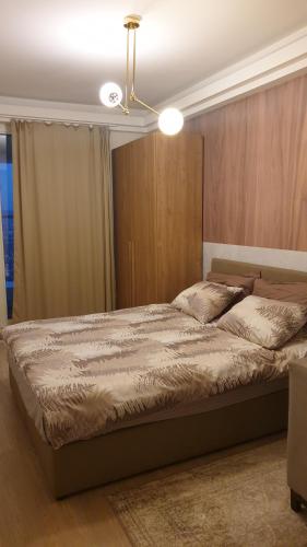a bedroom with a large bed with a ceiling at Temi's Apartments 2 in Skopje