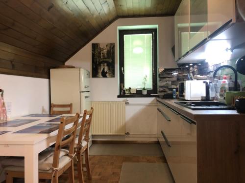 a kitchen with a table and a white refrigerator at SavaDolinka House in Mojstrana