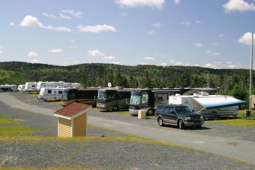 a group of rvs parked in a parking lot at The Wilds at Salmonier River in Holyrood