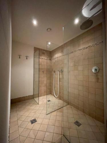 a bathroom with a shower with a glass door at B&B Ciastel in San Vigilio Di Marebbe