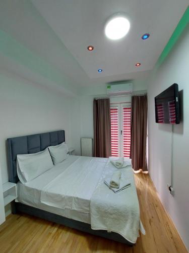 a bedroom with a large bed and a television at Petreski Apartments 1 in Ohrid