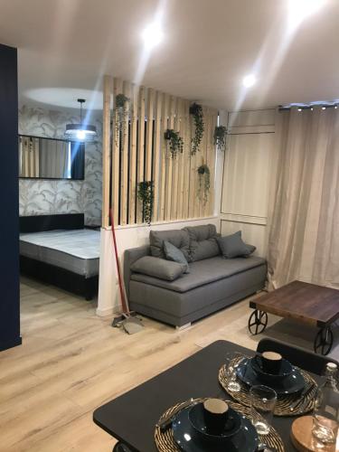a living room with a couch and a table at LOFT T2 by locations_lepuyenvelay in Le Puy en Velay