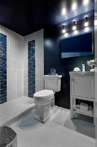 a bathroom with a toilet and a shower and a sink at The Cornell Inn, Lenox & The Berkshires in Lenox