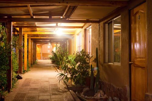 an empty hallway with plants in a building at Hostal Apuwara in Combarbalá