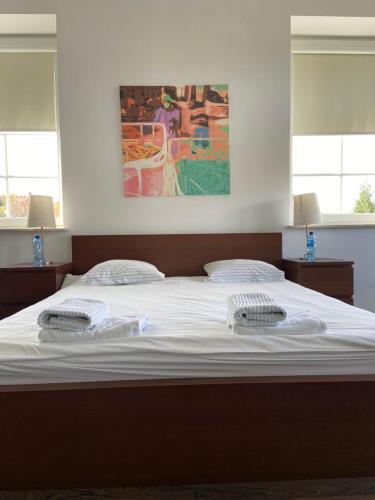 ein Schlafzimmer mit einem großen Bett mit zwei Handtüchern darauf in der Unterkunft Apartamenty Przy Porcie 54m i 31m plus 15m Taras in Angerburg