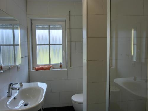 ein Bad mit einem Waschbecken, einem WC und einem Fenster in der Unterkunft Ferienwohnung LFR21 in Graal-Müritz