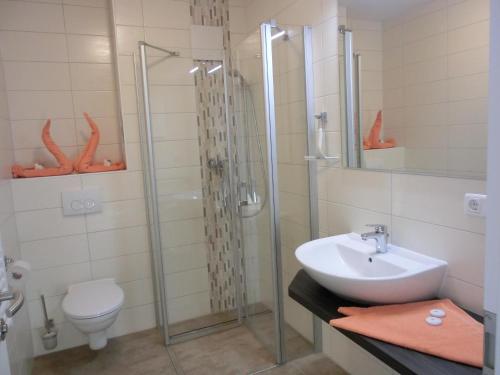 ein Bad mit einer Dusche, einem Waschbecken und einem WC in der Unterkunft Ferienwohnung KWi 38 EG "Borstel" in Graal-Müritz