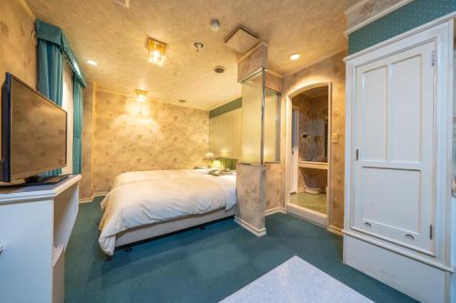 a bedroom with a bed and a tv in it at Hotel Liberte Asahikawa in Asahikawa