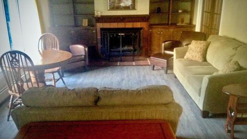 a living room with a couch and a table and a fireplace at Glacier Guest Room - PRIVATE ROOM IN SHARED HOUSE REDUCED PRICE ON TOURS in Juneau