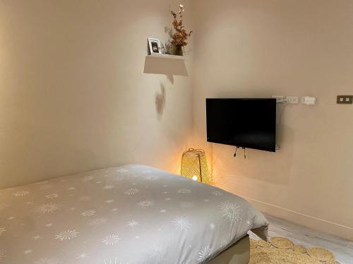 a bedroom with a bed and a flat screen tv at 安平言寓包棟旅宿 Ian Apt in Tainan