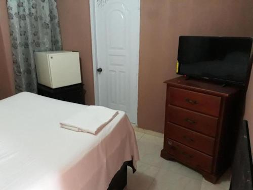 a bedroom with a bed and a television on a dresser at Apartahotel Next Nivel - Queen Room with Fan in Punta Cana