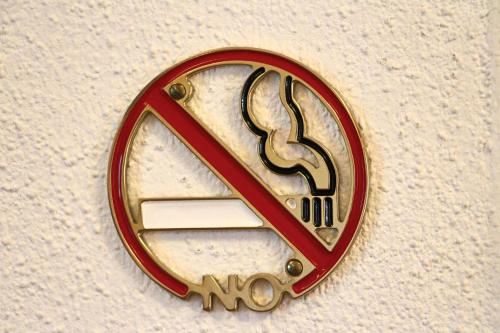 a no smoking sign on a wall with a fork and knife at Ferienwohnung Schossleitner - der Wohlfühl-Ansitz am Wolfgangsee mit Weitblick in Sankt Gilgen