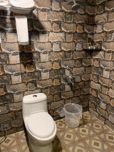 a bathroom with a white toilet and a stone wall at HYDERS PARK- THE LUXURY HOTEL in Kodaikānāl