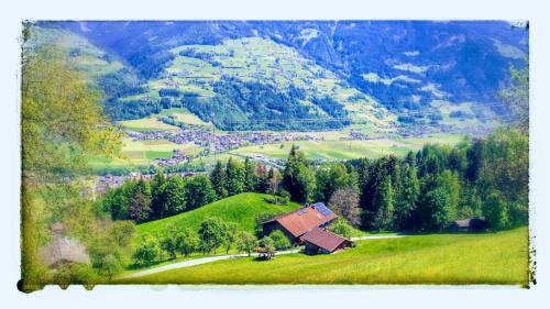 a green hillside with a house on top of it at Wieshof in Kaltenbach