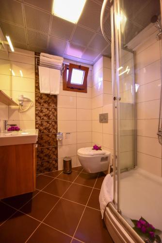 a bathroom with a toilet and a shower and a sink at Perdikia Hill Hotel And Villas in Oludeniz