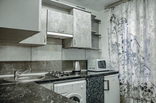 a kitchen with a sink and a washing machine at Квартира на проспекте Поля 127 in Dnipro