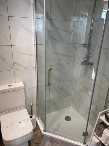 a shower with a glass door next to a toilet at Ye Old Tack Room in Stafford