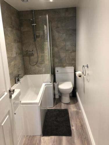 a bathroom with a tub and a toilet and a shower at The Prince of Wales Bed and Breakfast in Princetown