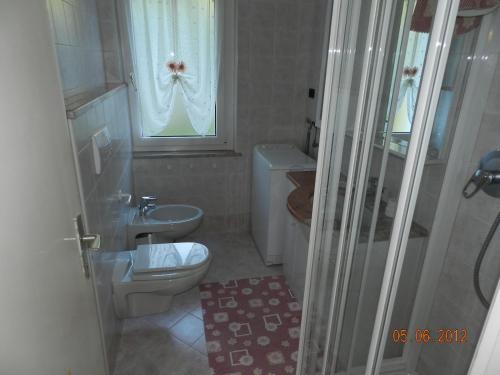 łazienka z toaletą, umywalką i oknem w obiekcie Casa Brugnara w mieście Pozza di Fassa