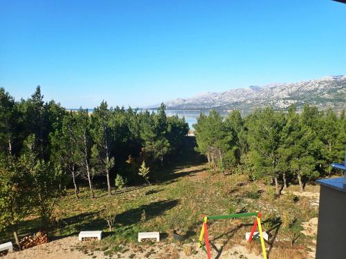 a view of the water from a hill with trees at APARTMAN DANE in Rovanjska