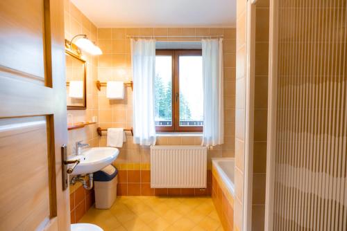 a bathroom with a sink and a toilet and a window at Govc-Vršnik in Solčava