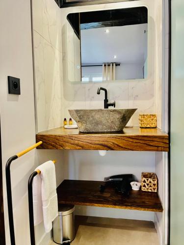 une salle de bain avec un lavabo et un miroir dans l'établissement L'Atelier des bords de l'Eure, à Chartres