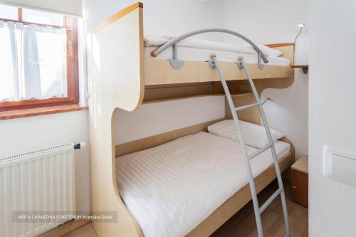 a bunk bed with a ladder in a room at Apartmaji Potepuh in Kranjska Gora