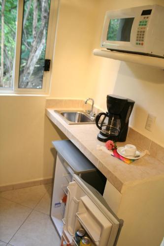 a small kitchen with a sink and a refrigerator at Hotel Casa Pan de Miel (Only Adults) in Mazunte