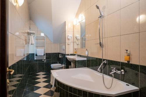 a bathroom with a tub and a toilet and a sink at Hotel OHMA - Casa Viorel in Poiana Brasov