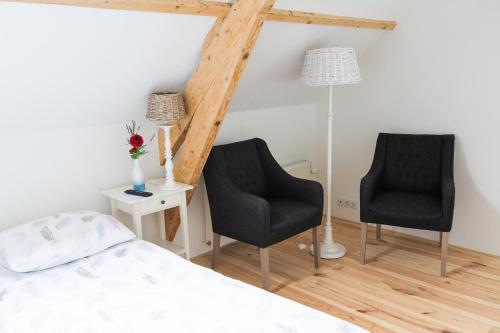 um quarto com 2 cadeiras, uma cama e um candeeiro em B&B De Kreek em Graauw