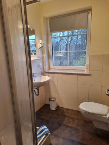 a bathroom with a toilet and a sink and a window at Spreewälder Feriendomizil/Pension in Burg