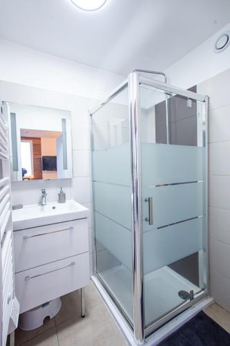 une salle de bain avec une douche en verre et un lavabo dans l'établissement Superbe appartement - Terrasse-clim-2 chambres, à La Valette-du-Var
