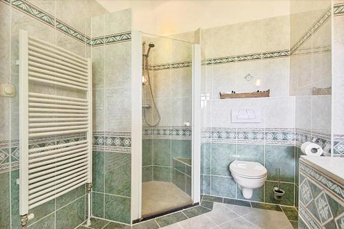 a bathroom with a toilet and a shower at Beautiful American style villa with heated Pool and Jacuzzi in Heerhugowaard