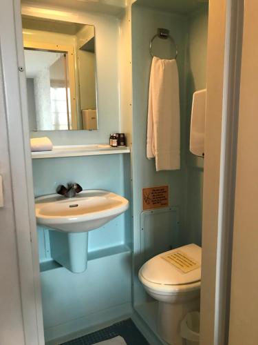 a bathroom with a sink and a toilet at Logis Le Cheval Blanc in Saint-Just