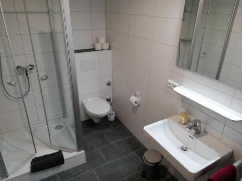 een badkamer met een douche, een wastafel en een toilet bij Pension zum Bären in Langerringen