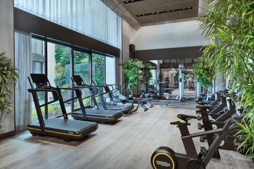a gym with a row of treadmills and plants at Mandarin Oriental Bosphorus, Istanbul in Istanbul