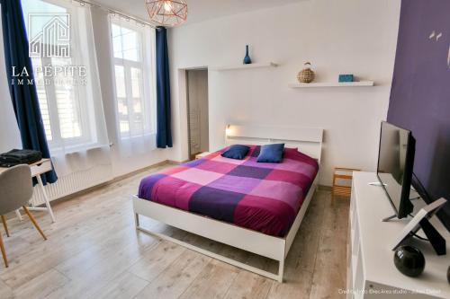 une chambre avec un lit, un bureau et une télévision dans l'établissement Villa des Ursulines, à Valenciennes