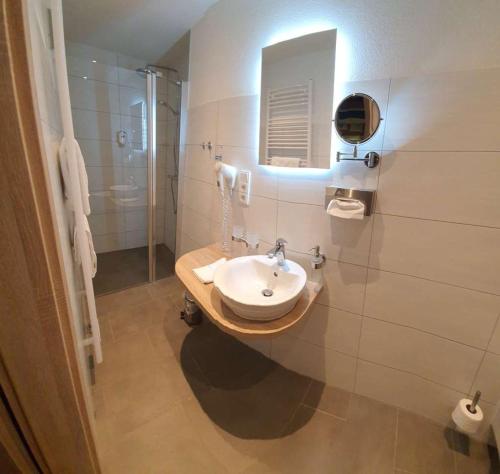a bathroom with a sink and a mirror and a shower at HOTEL BIKE & HIKE in Obersuhl