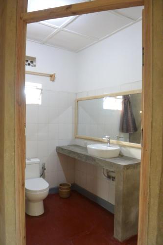 a bathroom with a sink and a toilet and a mirror at Isange Paradise Resort in Ruhengeri