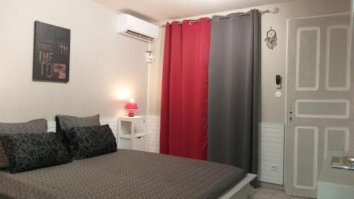 a bedroom with a bed and a red curtain at Grand F2, spa, jardin, parking in Schœlcher