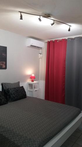 a bedroom with a bed and a red curtain at Grand F2, spa, jardin, parking in Schœlcher
