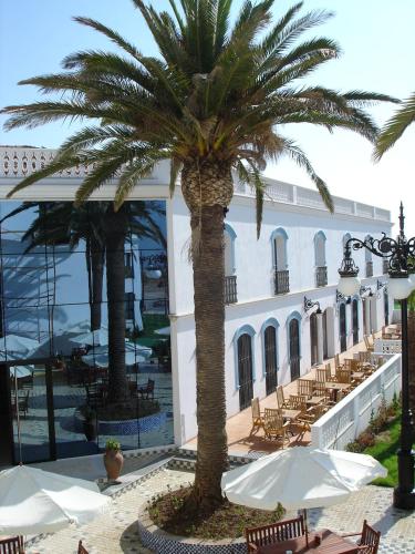 a palm tree in front of a building with tables and umbrellas at Hotel Hacienda Don Manuel in Granja de Torrehermosa