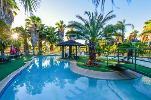 a swimming pool with a gazebo and palm trees at Desert Palms Alice Springs in Alice Springs