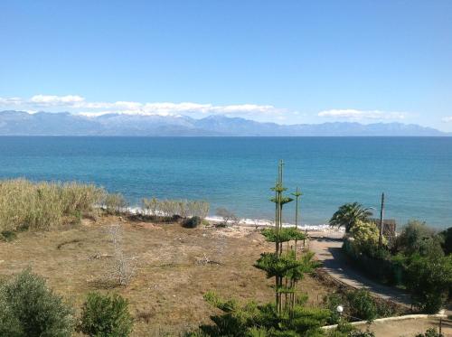 a view of the ocean from a hill with trees at Villa Sofia in Chrani